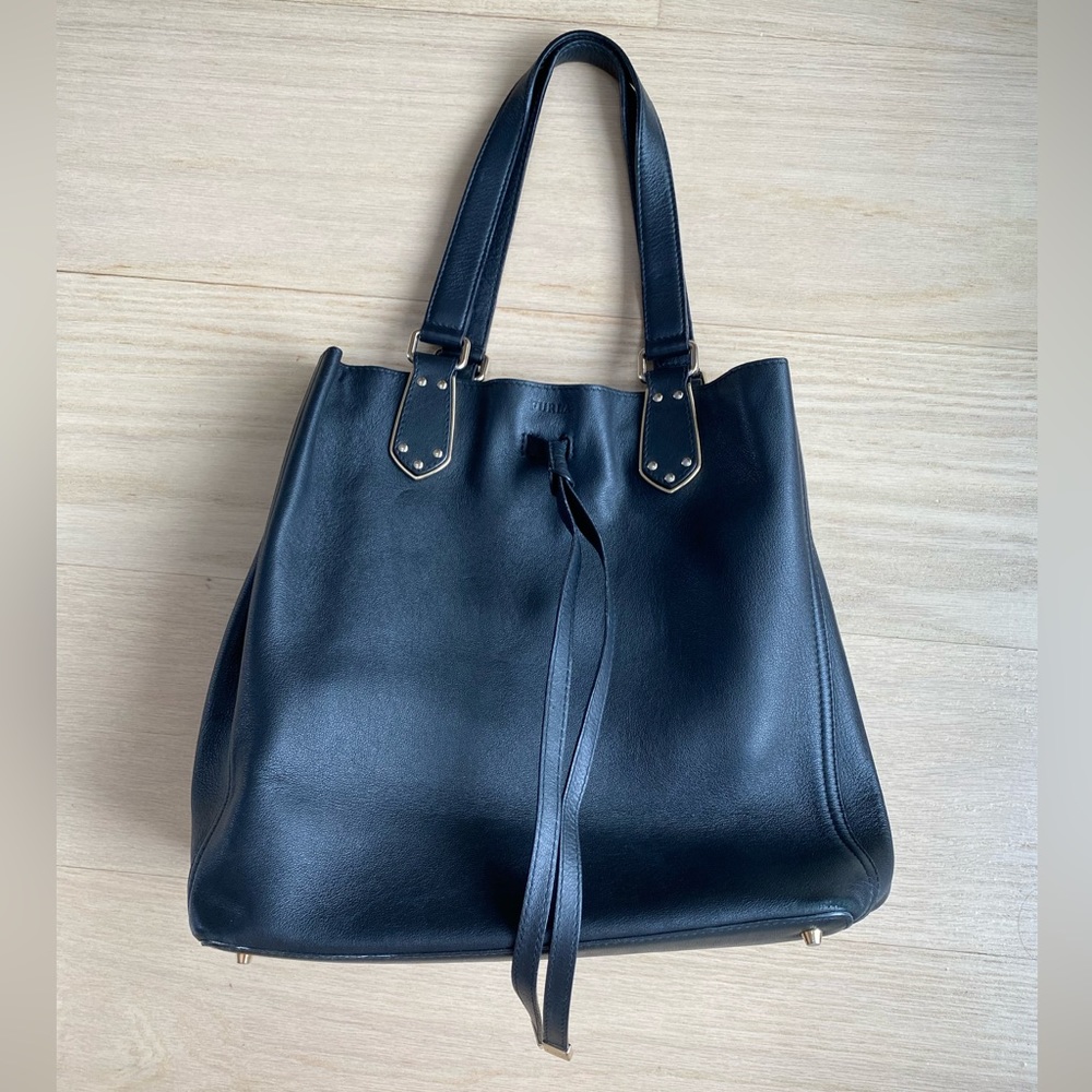 Furla Drawstring Handbag, Black Leather w. Gold Hardware
